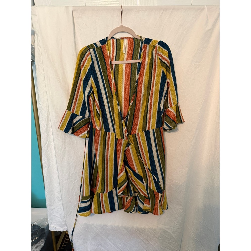 My Story Striped Wrap Mini Dress Bell Sleeve Boho Multi Color Ruffle Hem